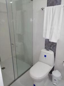 a bathroom with a toilet and a glass shower at HOTEL TANIA in Caucasia