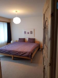 a bedroom with a bed with a purple comforter at I dr Rehwiesa B02 in Arosa