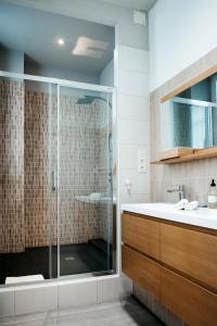 uma casa de banho com um chuveiro e um lavatório. em LE 17 em Colmar