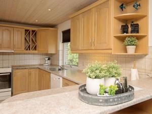 una cocina con armarios de madera y una encimera con macetas. en 9 person holiday home in Bl vand, en Ho