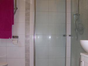 y baño con ducha y puerta de cristal. en One-Bedroom Holiday home in Kållekärr, en Apelgården