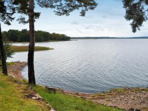 5 person holiday home in MARIESTAD في Lugnås: اطلاله على جسم كبير من الماء بالاشجار