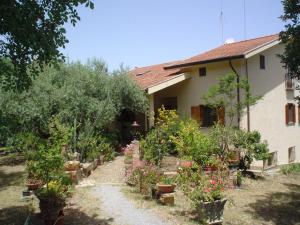 a garden in front of a house with potted plants at B&B Villa Calagioli in Castelbuono