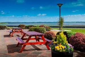 two picnic tables and flowers with a view of the ocean at Park Inn by Radisson Shannon Airport in Shannon
