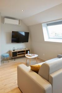 Una sala de estar con un sofá y un televisor. en LocationsTourcoing - Le Famelart, en Tourcoing