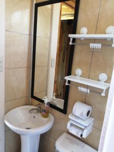 een badkamer met een wastafel, een spiegel en een toilet bij Drake Bay Casita Sun SHINE in Drake