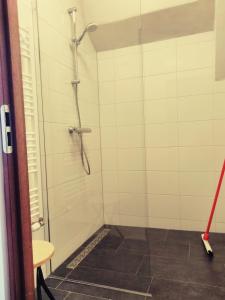 La salle de bains est pourvue d'une douche avec une porte en verre. dans l'établissement Café Langelo, à Langelo