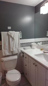 a bathroom with a toilet and a sink and a mirror at Montauk Manor in Montauk