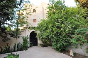 a courtyard of a house with a gate and trees at El Nakhil Hotel in Luxor