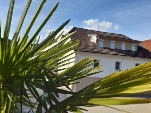 a building with a palm tree in front of it at Cafe Pension Rafaela in Steinbach an der Steyr
