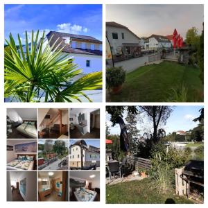 un collage de fotos de casas y patios en Cafe Pension Rafaela en Steinbach an der Steyr