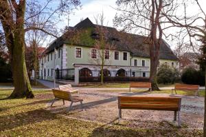 un gruppo di panchine di fronte a un edificio di Rožmberský dvůr a Cesky Krumlov