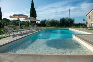 uma piscina com cadeiras e guarda-sóis em Poggio Picchio em Bibbona