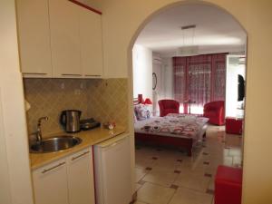 オフリドにあるApartments Jovan city center with free parkingのシンク付きのキッチンとベッド付きの部屋