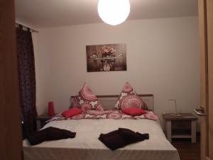 a bedroom with a large bed with red pillows at Ferienlounge in Salzhemmendorf