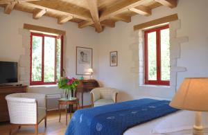 a bedroom with a bed and a tv and windows at Le Manoir du Rocher in Domme