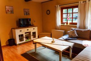 a living room with a couch and a tv at Ferienhaus Rodewald in Bomlitz