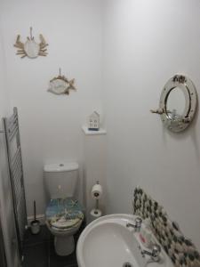 ein Badezimmer mit einem Waschbecken, einem WC und einem Spiegel in der Unterkunft WEE NEUK in Cellardyke