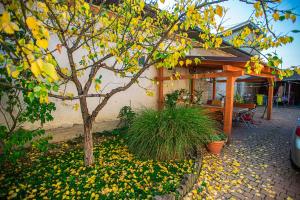 a house with a table and a tree with yellow flowers at Lizak in Berehove