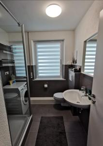 a bathroom with a sink and a toilet and window at Apartment Friedrichshafen Center in Friedrichshafen