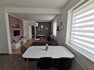 フリードリヒスハーフェンにあるApartment Friedrichshafen Centerの白いテーブルと椅子のあるリビングルーム