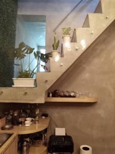 潮州鎮的住宿－山山來遲，厨房里种植了盆栽植物的楼梯