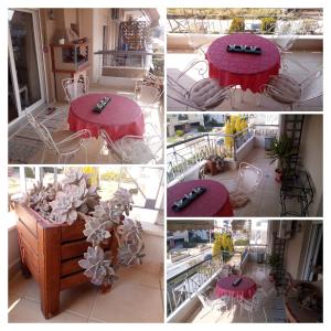 a collage of photos of a table with a red tablecloth at RITSA APARTMENT in Perea