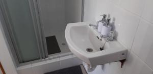 un lavandino bianco in bagno con doccia di Shark Cove Little Cottage a Kleinbaai Altre 26 foto