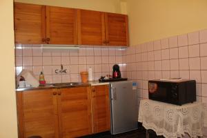 uma cozinha com armários de madeira, um micro-ondas e um frigorífico em Studio Pleven Center em Pleven