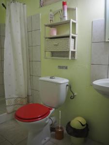 La salle de bains est pourvue de toilettes avec un couvercle rouge et un lavabo. dans l'établissement LA MAISON BLEUE ECO-TOURISME, au Vauclin