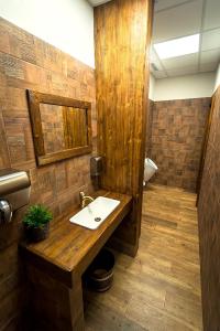 a bathroom with a sink and a wooden wall at Sporthotel Bohemia in Rokytnice nad Jizerou