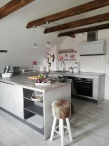 een keuken met een roestvrijstalen aanrecht en een kruk bij Apartmenthaus Alte Börse in Carolinensiel