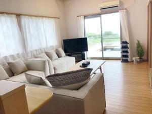 a living room with a couch and a tv at Ocean Villa Okinoerabu in Wadomari