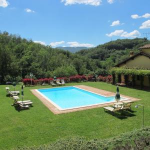 una piscina en medio de un césped con sillas en Agriturismo Podere Filicaia, en San Giovanni Valdarno