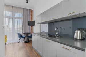 a kitchen with a sink and a counter top at Aparthotel Krzywa Kamienica in Łódź