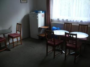 a kitchen with a table, chairs and a refrigerator at Penzion Dana Troja in Prague