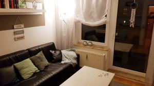 ドルヌマージールにあるKleine Möwe Ferienwohnungのリビングルーム(黒い革張りのソファ、窓付)