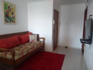 uma sala de estar com um sofá e uma televisão em Apartamento Condomínio Boiçucanga Flat N 39 - Apto 10 em Boiçucanga