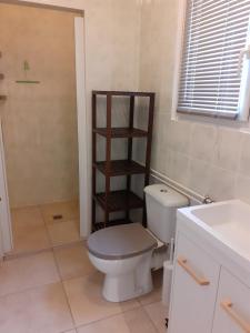 ein Badezimmer mit einem WC und einem Holzregal in der Unterkunft La belle étoile in Varennes-en-Argonne