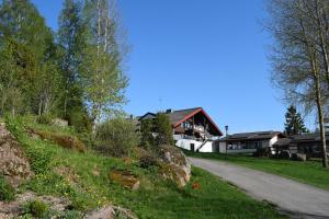 een huis op een heuvel naast een weg bij Hotel Hanhi in Lapinjärvi