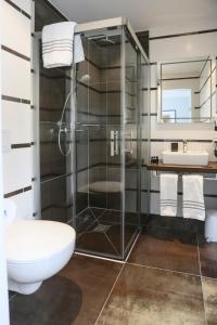 La salle de bains est pourvue d'une douche, de toilettes et d'un lavabo. dans l'établissement Hotel zur Schloss-Schmiede, à Kühbach