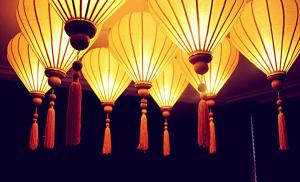 
a row of lights hanging from a ceiling at Maison Indochine in The Hague
