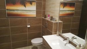 łazienka z umywalką, toaletą i lustrem w obiekcie Smaragd apartman w mieście Pecz +8 zdjęć