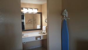 a bathroom with a sink and a mirror at Sona Inn in Dilley