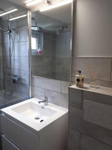 y baño con lavabo y espejo. en Vakantiehuis 6 pers, Oostduinkerke aan zee, en Koksijde