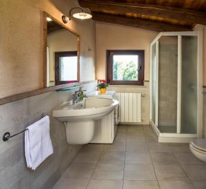 a bathroom with a sink and a toilet and a mirror at Castello di Zorzino Iseo lake in Riva di Solto +182 photos