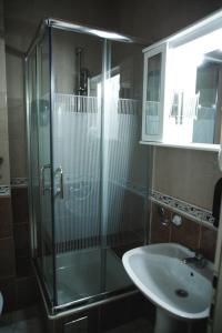 a bathroom with a glass shower and a sink at Hotel 201 in Podgorica