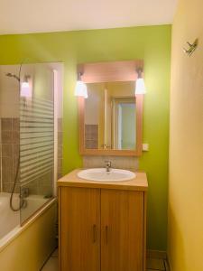 een badkamer met een wastafel en een spiegel bij Lagrange Grand Bleu Vacances – Résidence Le Village des Aloès in Cerbère