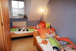 2 Einzelbetten in einem Zimmer mit Fenster in der Unterkunft Ferienwohnungen Sonnengarten in Gunzenhausen