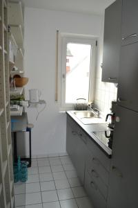 une cuisine blanche avec un évier et une fenêtre dans l'établissement Fewo I Schloßborn, à Glashütten